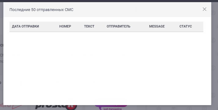Статистика по последним пятидесяти SMS в кабинете S2 CRM